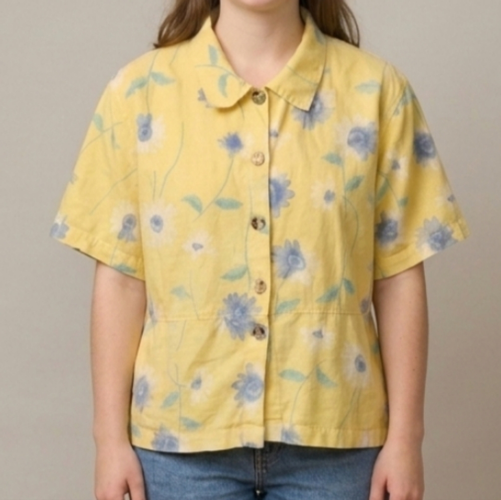 Vintage C & C Collection Yellow Floral Linen Button Front Shirt Small